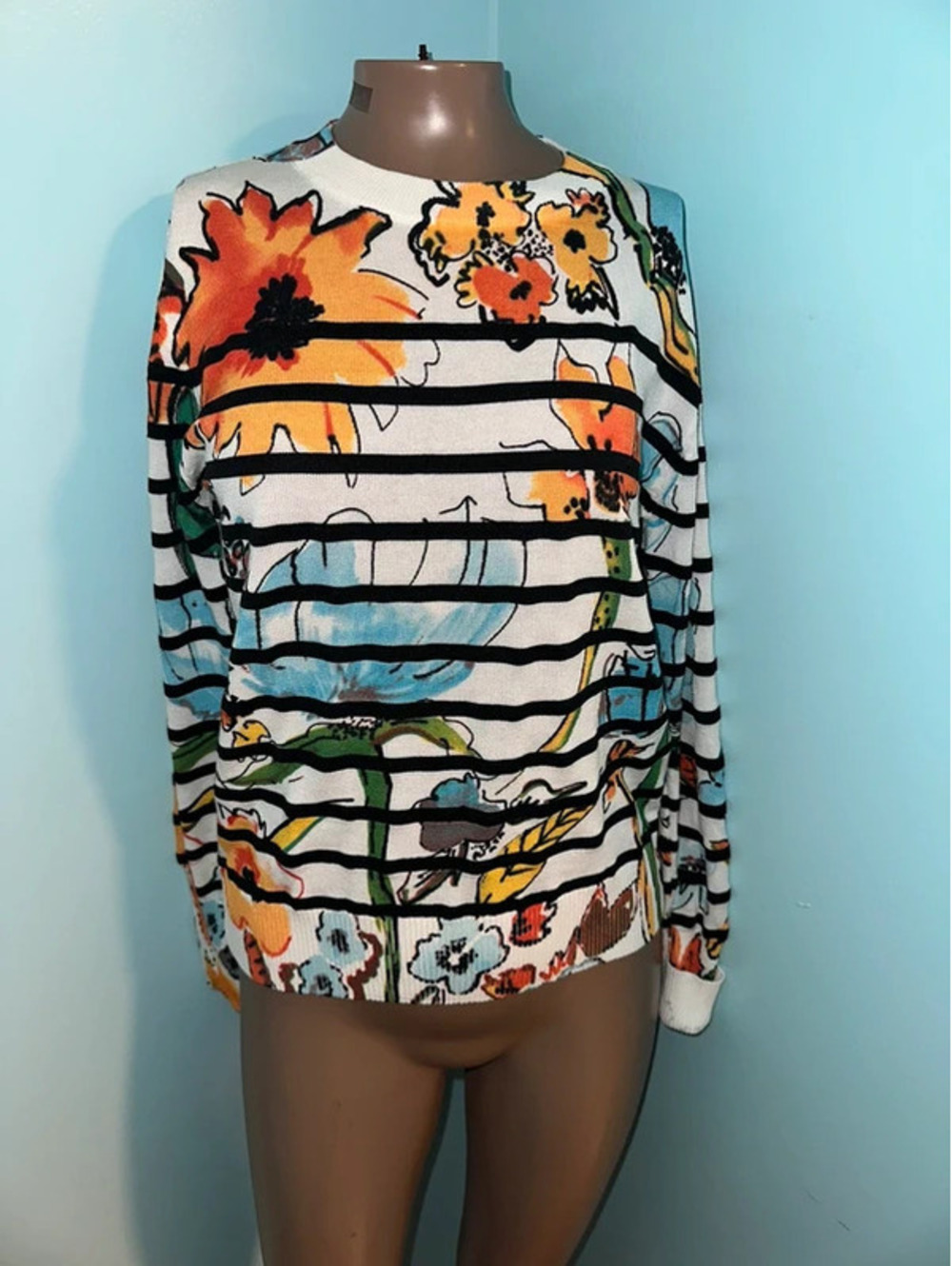 Desigual Leknes Coquette Boho Striped Flowers Sweater S